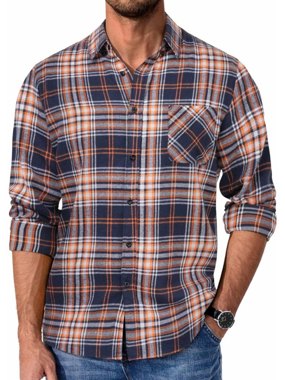 Men's Orange Polyester Blend Long Sleeve Plaid Casual Flannel Button Down Shirt